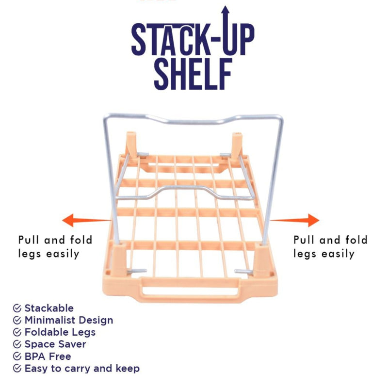 Set Of 3 Stack Up Shelf Space Saver Plastic Racks With Foldable Legs For Kitchen