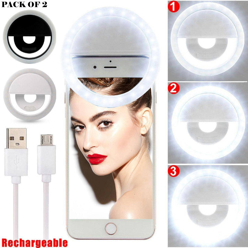 Pack Of 2 Mini Portable USB Rechargeable Selfie Ring Light With 3 Brightness